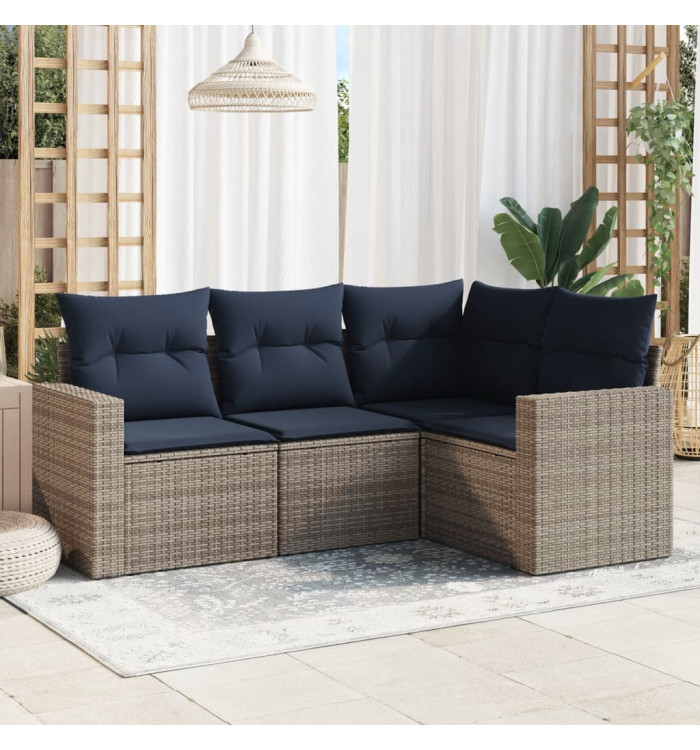 Salon de jardin 4 pcs avec coussins gris résine tressée | Mobilier & Déco