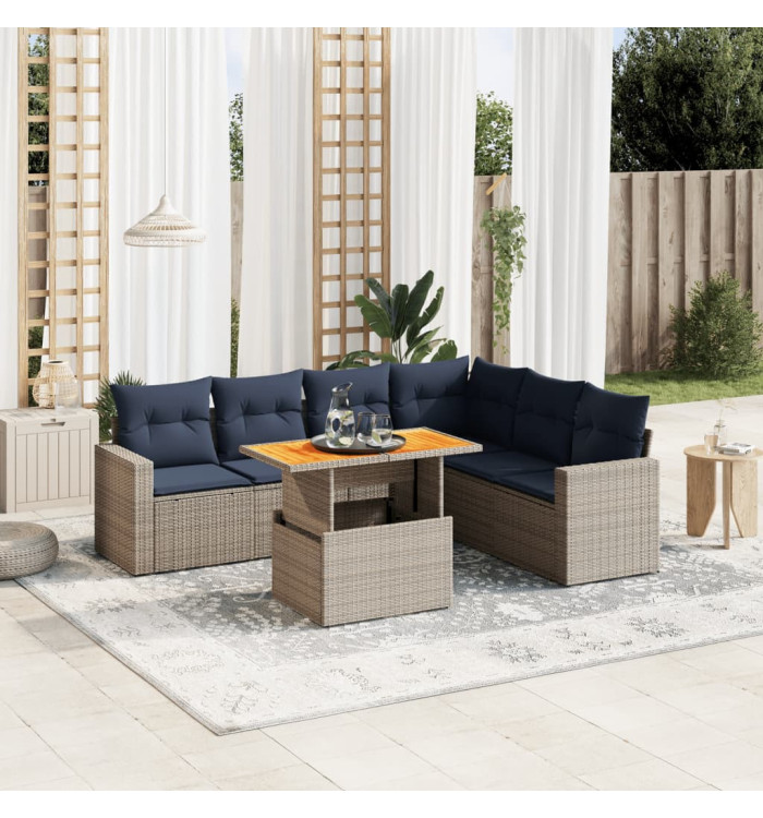Salon de jardin 7 pcs avec coussins gris résine tressée | Mobilier & Déco