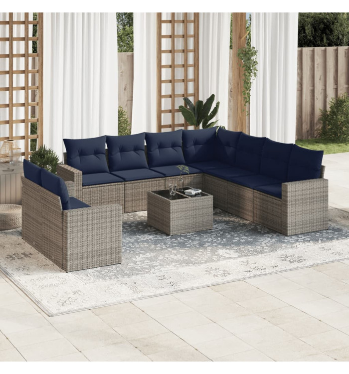 Salon de jardin 10 pcs avec coussins gris résine tressée | Mobilier & Déco