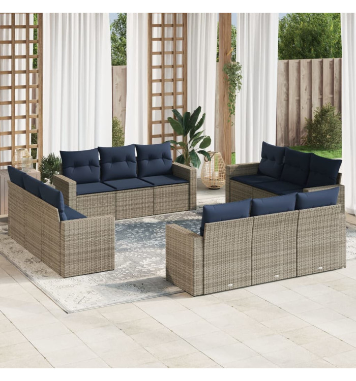 Salon de jardin avec coussins 12 pcs gris résine tressée | Mobilier & Déco