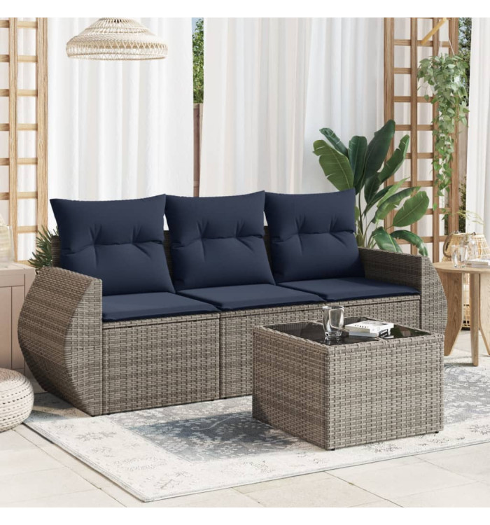 Salon de jardin 4 pcs avec coussins gris résine tressée | Mobilier & Déco