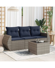 Salon de jardin 4 pcs avec coussins gris résine tressée | Mobilier & Déco