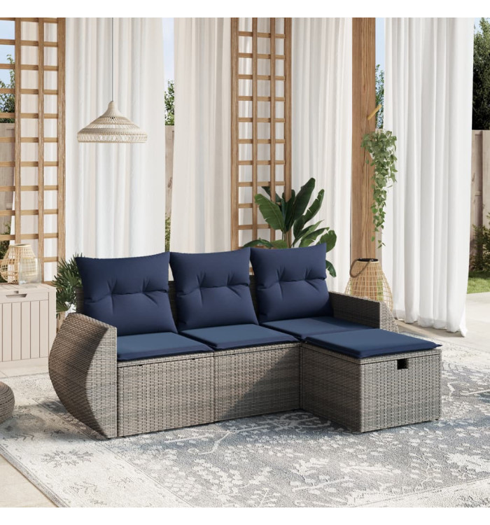 Salon de jardin 4 pcs avec coussins gris résine tressée | Mobilier & Déco