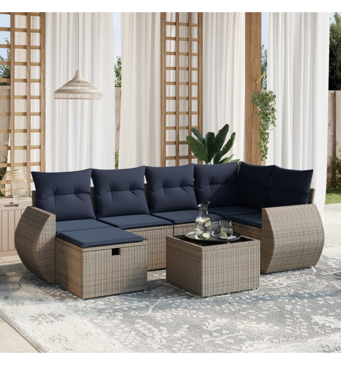 Salon de jardin 7 pcs avec coussins gris résine tressée | Mobilier & Déco