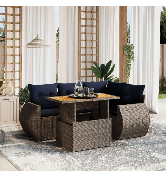 Salon de jardin 5 pcs avec coussins gris résine tressée | Mobilier & Déco