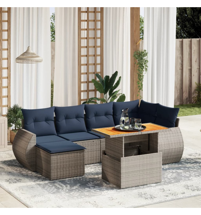 Salon de jardin 7 pcs avec coussins gris résine tressée | Mobilier & Déco