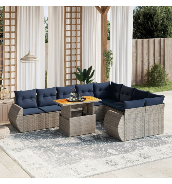 Salon de jardin 10 pcs avec coussins gris résine tressée | Mobilier & Déco