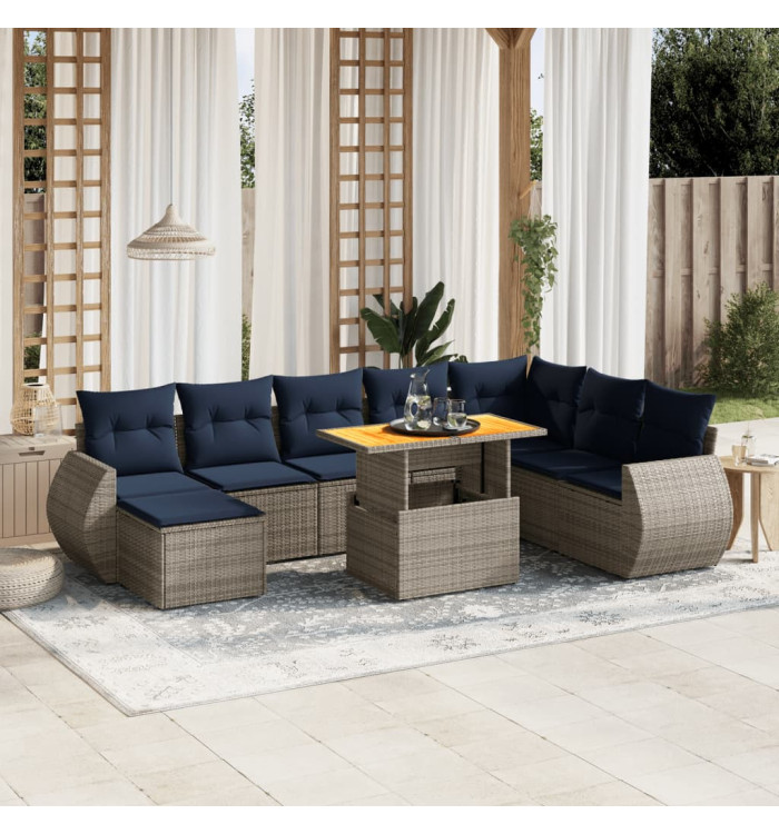 Salon de jardin 9 pcs avec coussins gris résine tressée | Mobilier & Déco