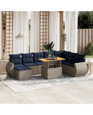 Salon de jardin 9 pcs avec coussins gris résine tressée | Mobilier & Déco