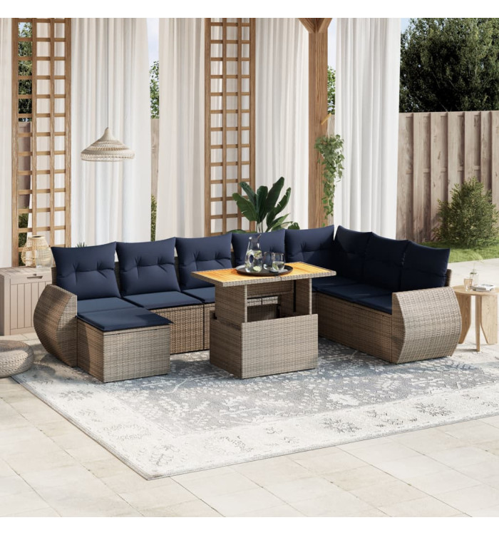 Salon de jardin 9 pcs avec coussins gris résine tressée | Mobilier & Déco