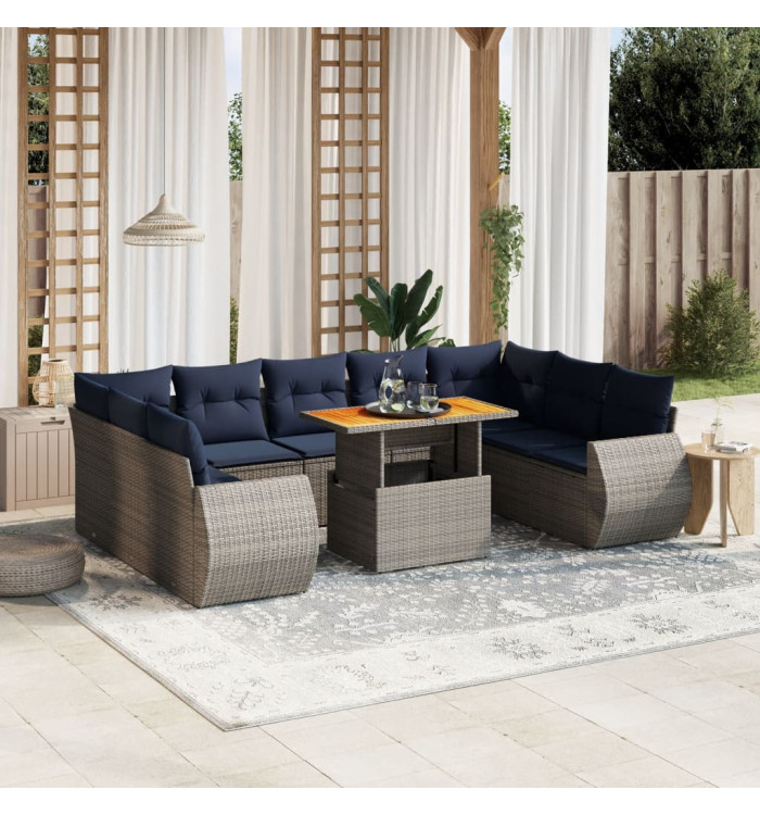 Salon de jardin 10 pcs avec coussins gris résine tressée | Mobilier & Déco