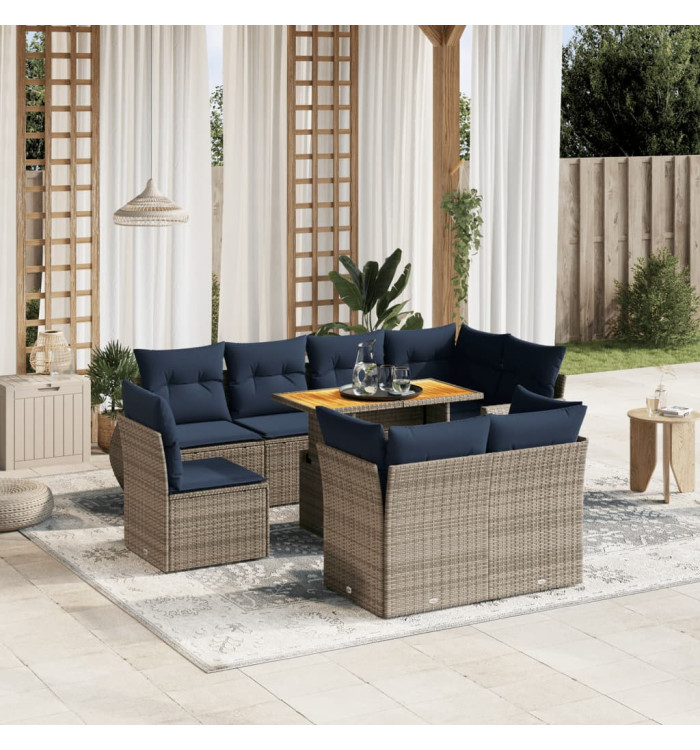 Salon de jardin 9 pcs avec coussins gris résine tressée | Mobilier & Déco
