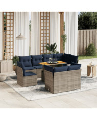 Salon de jardin 9 pcs avec coussins gris résine tressée | Mobilier & Déco