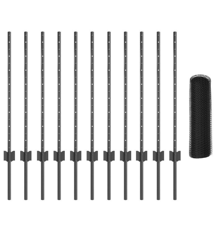 Poteaux de clôture 11 pcs U-Channel gris 80 cm en acier, Clôture hexagonale gris 0,8x25 m en acier | Mobilier & Déco