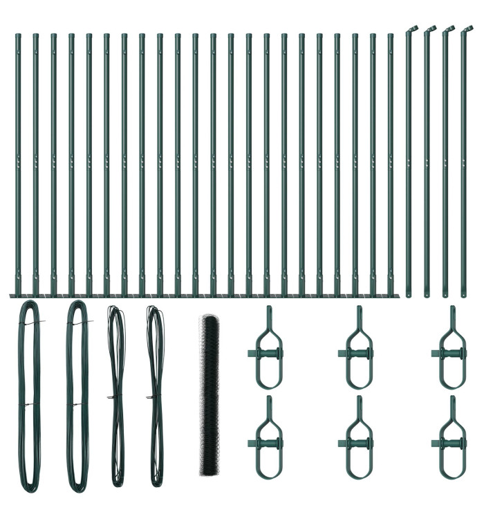 Clôture hexagonale verte 1.4x50 m en acier, Poteaux de clôture avec plaques de base 13 pcs Ø32mm 78.5cm en acier galvanisé | M