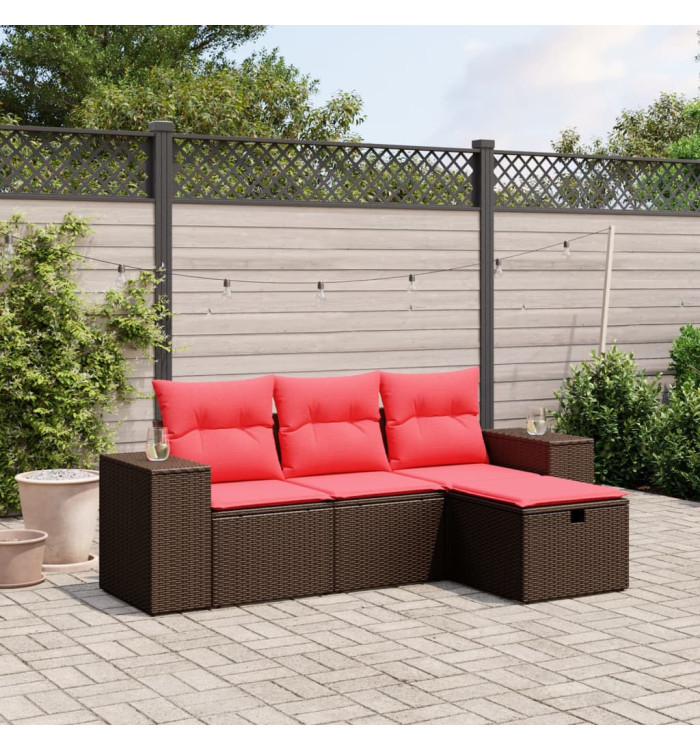 Salon de jardin 4 pcs avec coussins marron résine tressée | Mobilier & Déco