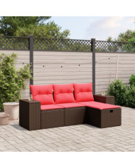 Salon de jardin 4 pcs avec coussins marron résine tressée | Mobilier & Déco