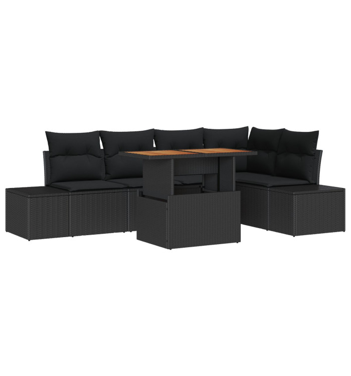 Ensemble de Canapés de Jardin 6 pièces avec Coussins Rotin Poly Noir | Mobilier & Déco