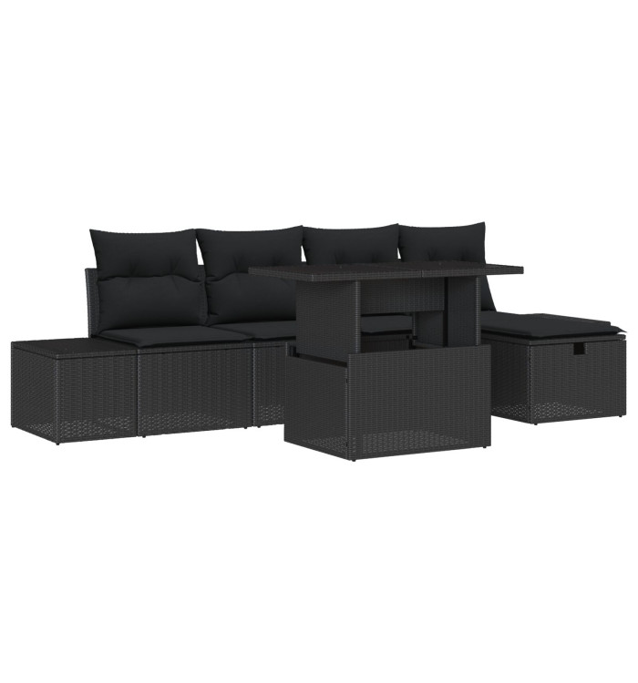 Ensemble de 6 canapés de jardin avec coussins en noir poly rattan | Mobilier & Déco