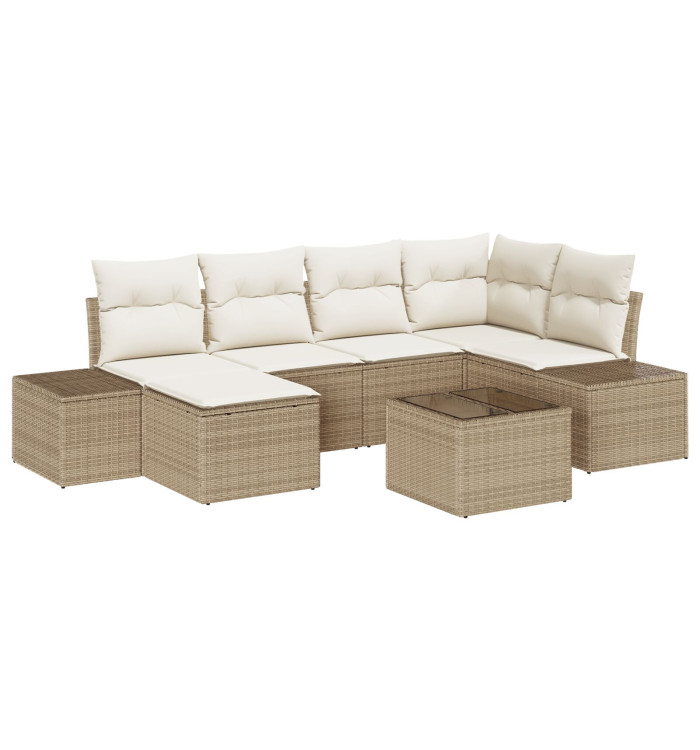 Ensemble de canapé de jardin de 7 pièces avec coussins en poly rotin marron | Mobilier & Déco