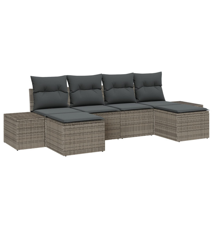 Ensemble de canapé de jardin 6 pièces avec coussins en poly rotin gris | Mobilier & Déco