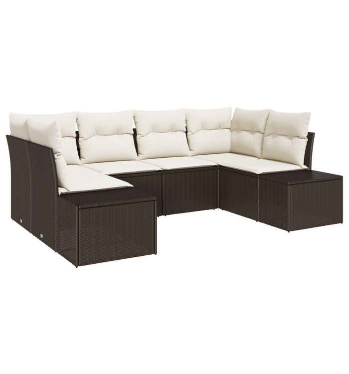 Ensemble de Canapé de Jardin 6 pièces avec Coussins Rattan Poly Marron | Mobilier & Déco