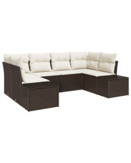 Ensemble de Canapé de Jardin 6 pièces avec Coussins Rattan Poly Marron | Mobilier & Déco