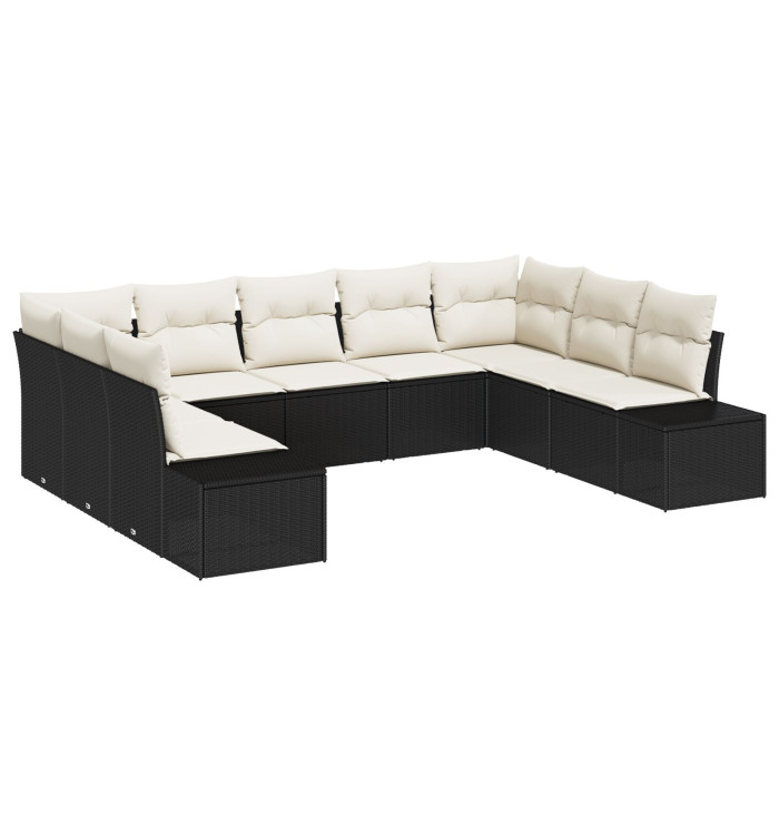 Ensemble de canapés de jardin 9 pièces avec coussins noir poly rotin | Mobilier & Déco
