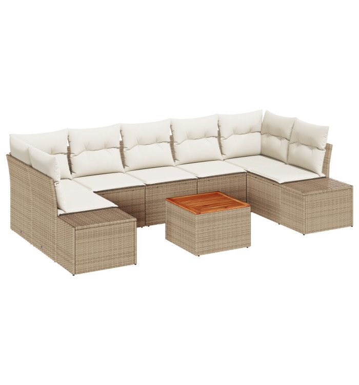 Ensemble de canapé de jardin 8 pièces avec coussins Beige Poly Rattan Acacia | Mobilier & Déco