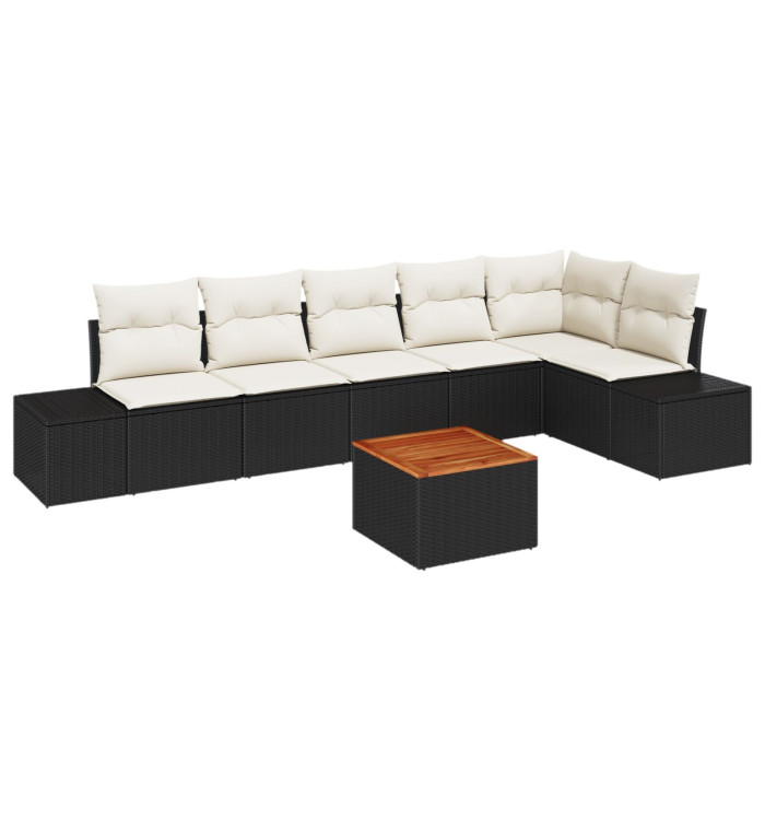 Ensemble de canapés de jardin 7 pièces avec coussins Noir Poly Rattan Acacia | Mobilier & Déco