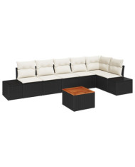 Ensemble de canapés de jardin 7 pièces avec coussins Noir Poly Rattan Acacia | Mobilier & Déco