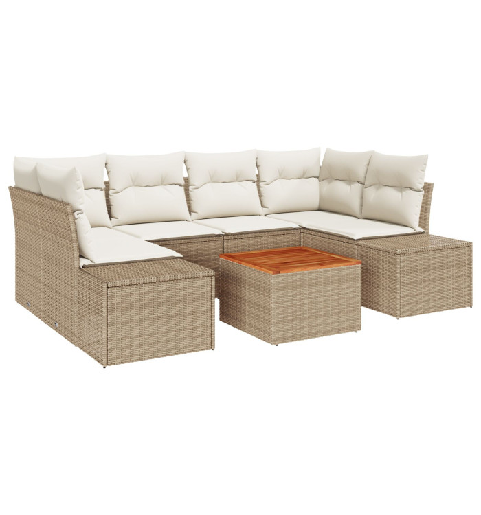 Ensemble de canapé de jardin 7 pièces avec coussins Beige Poly Rattan Acacia | Mobilier & Déco