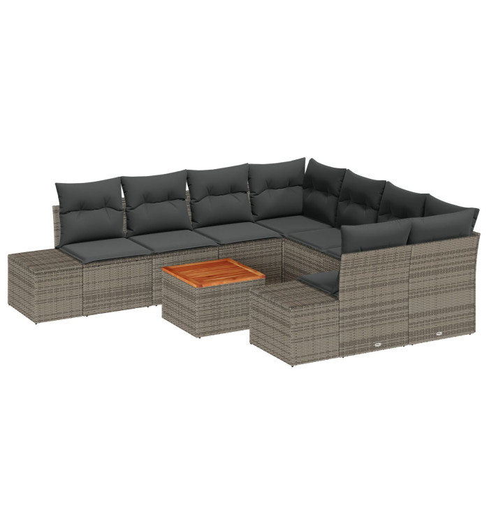 Ensemble de canapé de jardin de 9 pièces avec coussins Gris Poly Rattan Acacia | Mobilier & Déco