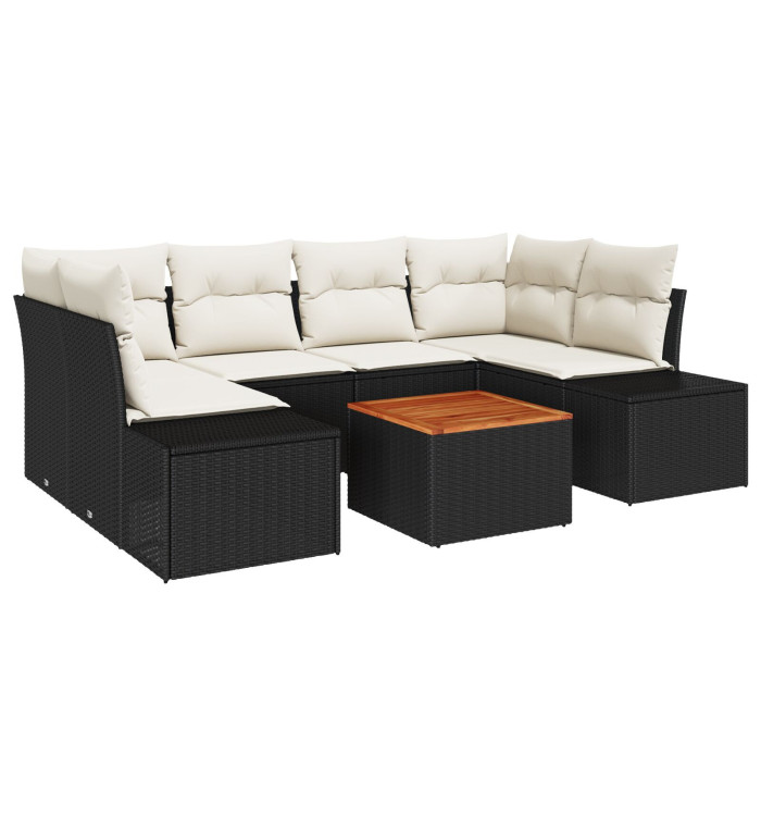 Ensemble de Canapés de Jardin de 7 Pièces avec Coussins Noir Poly Rottin Acacia | Mobilier & Déco