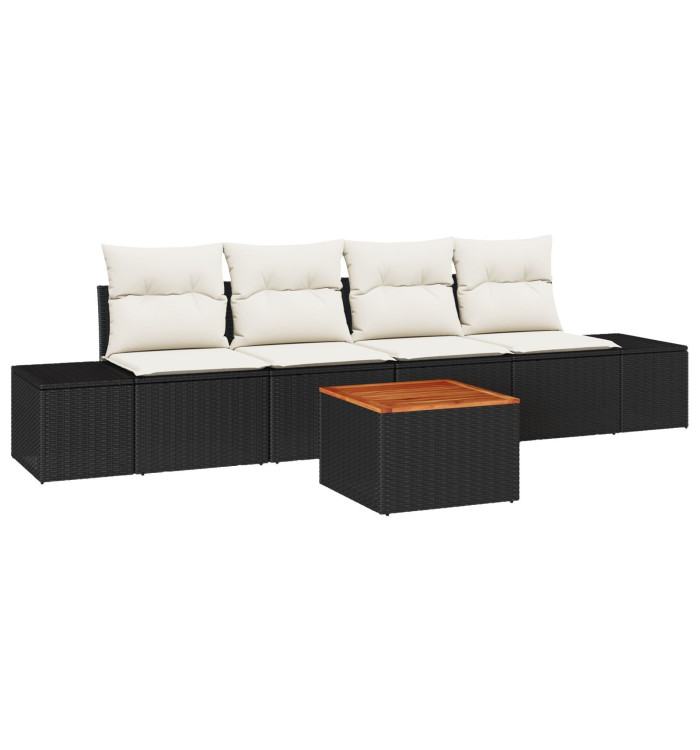 Ensemble de canapé de jardin 5 pièces avec coussins noir poly rattan acacia | Mobilier & Déco