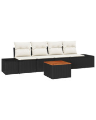 Ensemble de canapé de jardin 5 pièces avec coussins noir poly rattan acacia | Mobilier & Déco