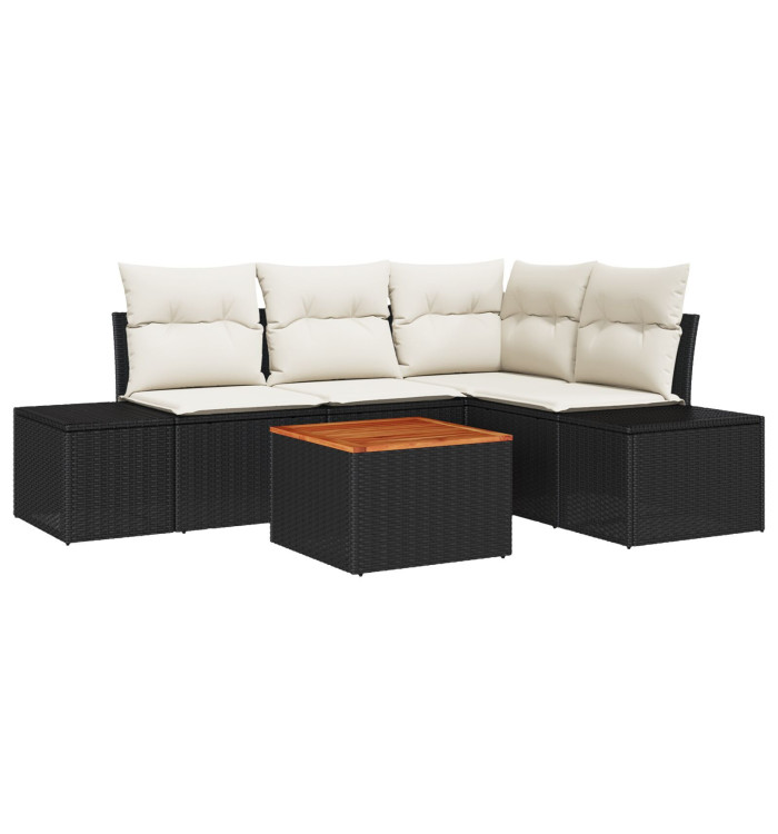 Ensemble de canapé de jardin 5 pièces avec coussins Noir Poly rotin Acacia | Mobilier & Déco