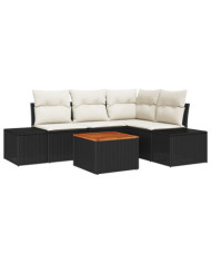 Ensemble de canapé de jardin 5 pièces avec coussins Noir Poly rotin Acacia | Mobilier & Déco