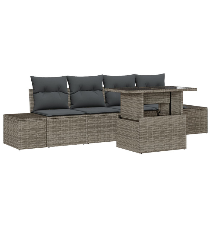 Ensemble de canapé de jardin 5 pièces avec coussins gris en poly rotin | Mobilier & Déco