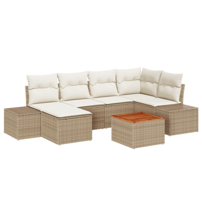 Ensemble de Canapés de Jardin 7 pièces avec Coussins Beige Poly Rotin Acacia | Mobilier & Déco