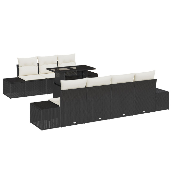 Ensemble de canapé de jardin 8 pièces avec coussins en poly rotin noir | Mobilier & Déco