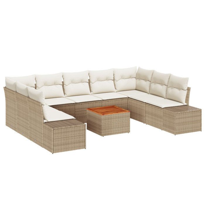 Ensemble de canapé de jardin 10 pièces avec coussins beige en poly rotin acacia | Mobilier & Déco