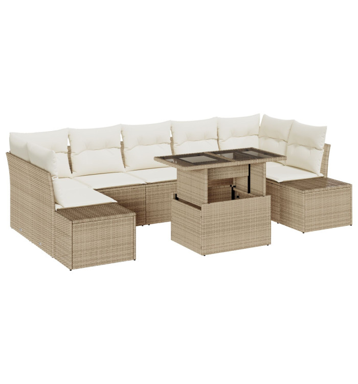 Ensemble de salon de jardin 8 pièces avec coussins beige en poly rotin | Mobilier & Déco