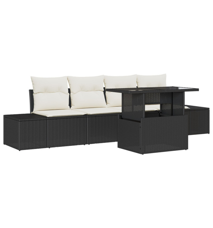 Ensemble de canapé de jardin 5 pièces avec coussins Noir Rattan Poly | Mobilier & Déco