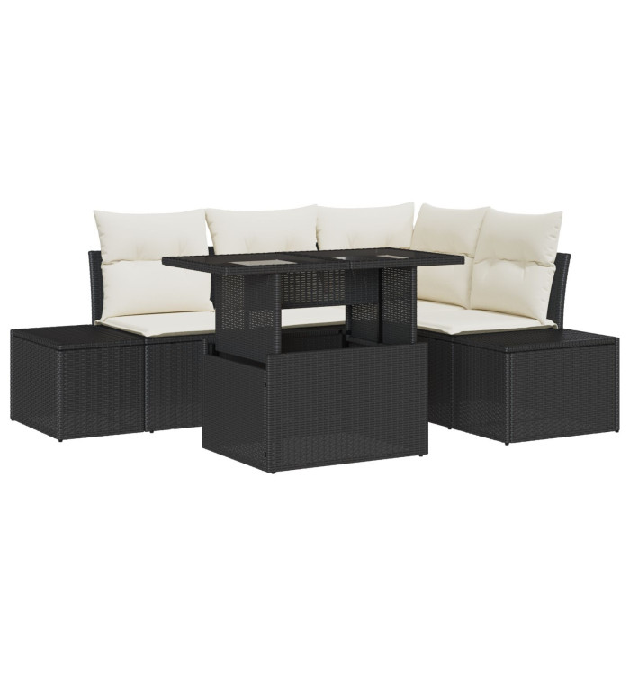 Ensemble de canapé de jardin 5 pièces avec coussins Noir Poly Rattan | Mobilier & Déco