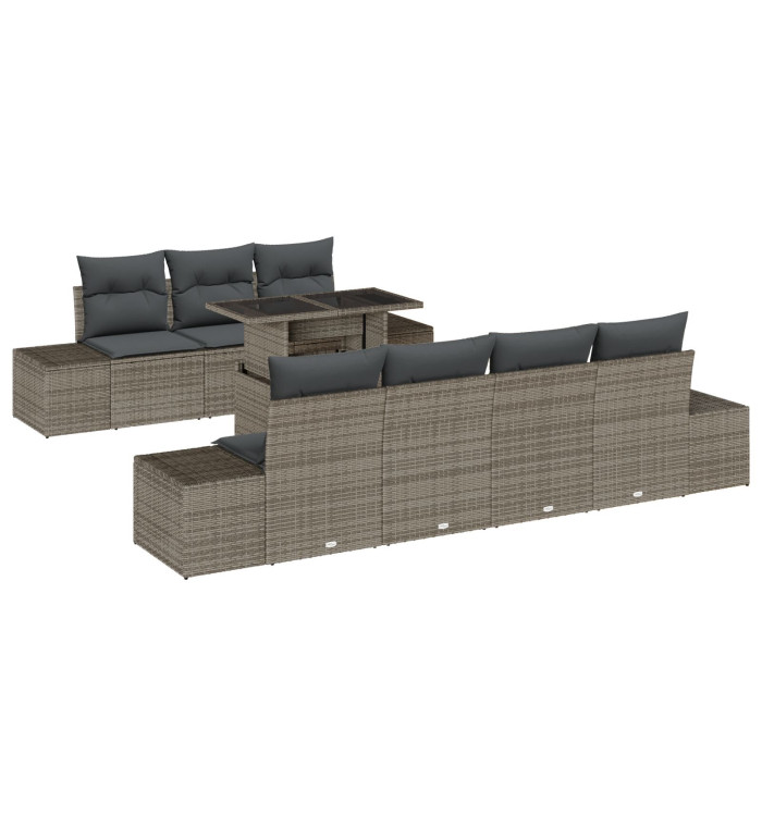 ensemble de jardin 8 pièces avec coussins gris en poly rotin | Mobilier & Déco