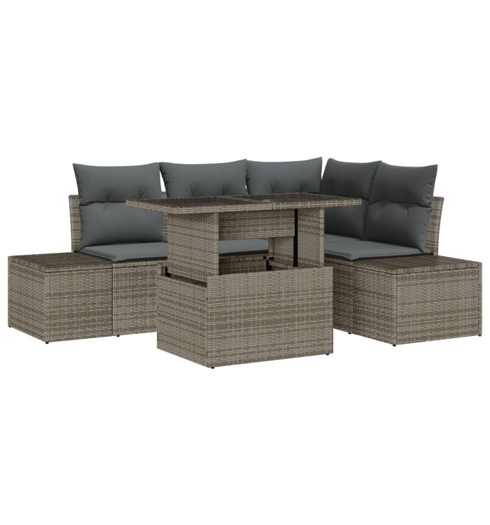 Ensemble de canapé de jardin 5 pièces avec coussins en poly rotin gris | Mobilier & Déco