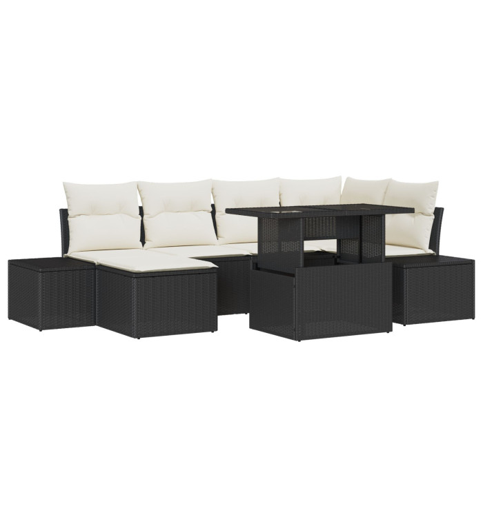 Ensemble de canapé de jardin 7 pièces avec coussins en poly rattan noir | Mobilier & Déco