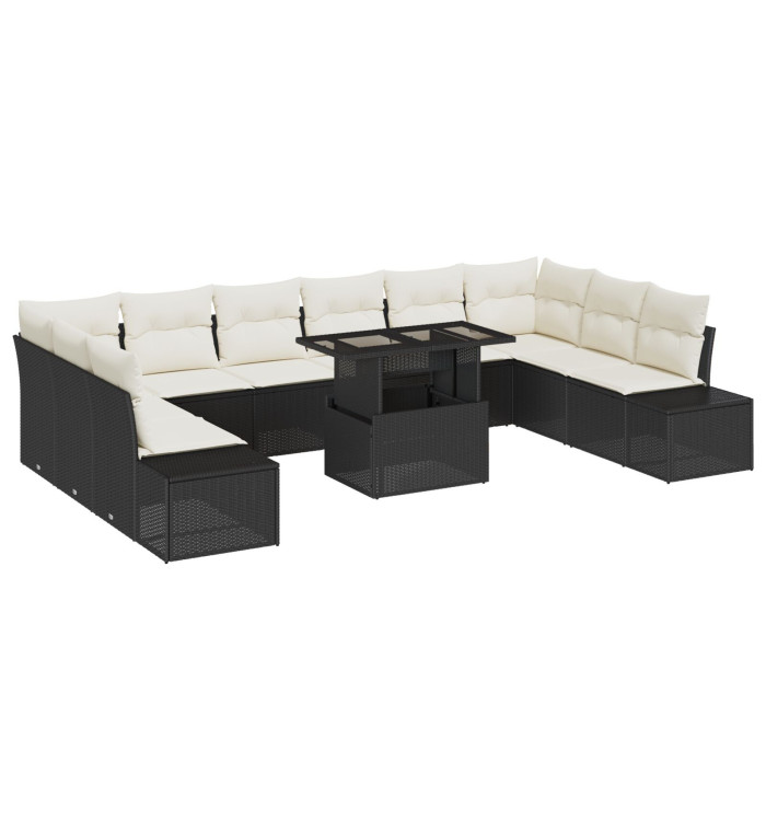 Ensemble de canapé de jardin 11 pièces avec coussins noir en poly rattan | Mobilier & Déco
