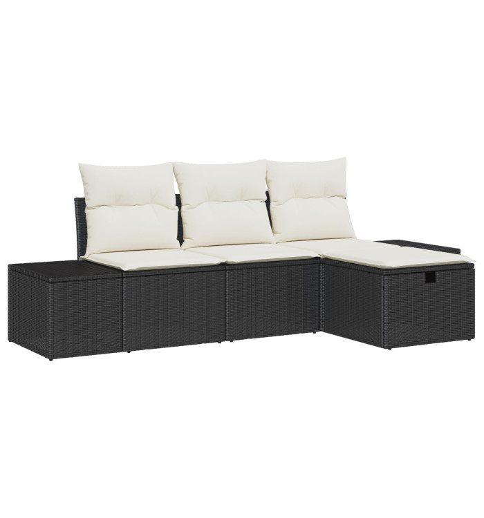 Ensemble de Canapé de Jardin 4 pièces avec Coussins en Rotin Noir | Mobilier & Déco